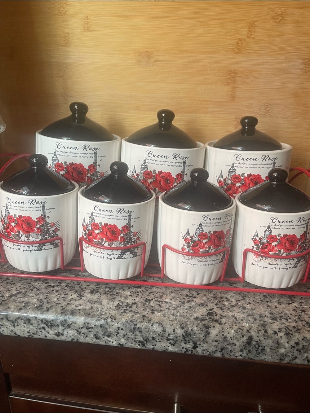 Ceramic  Canister Set with Red Rose Design 7-Piece